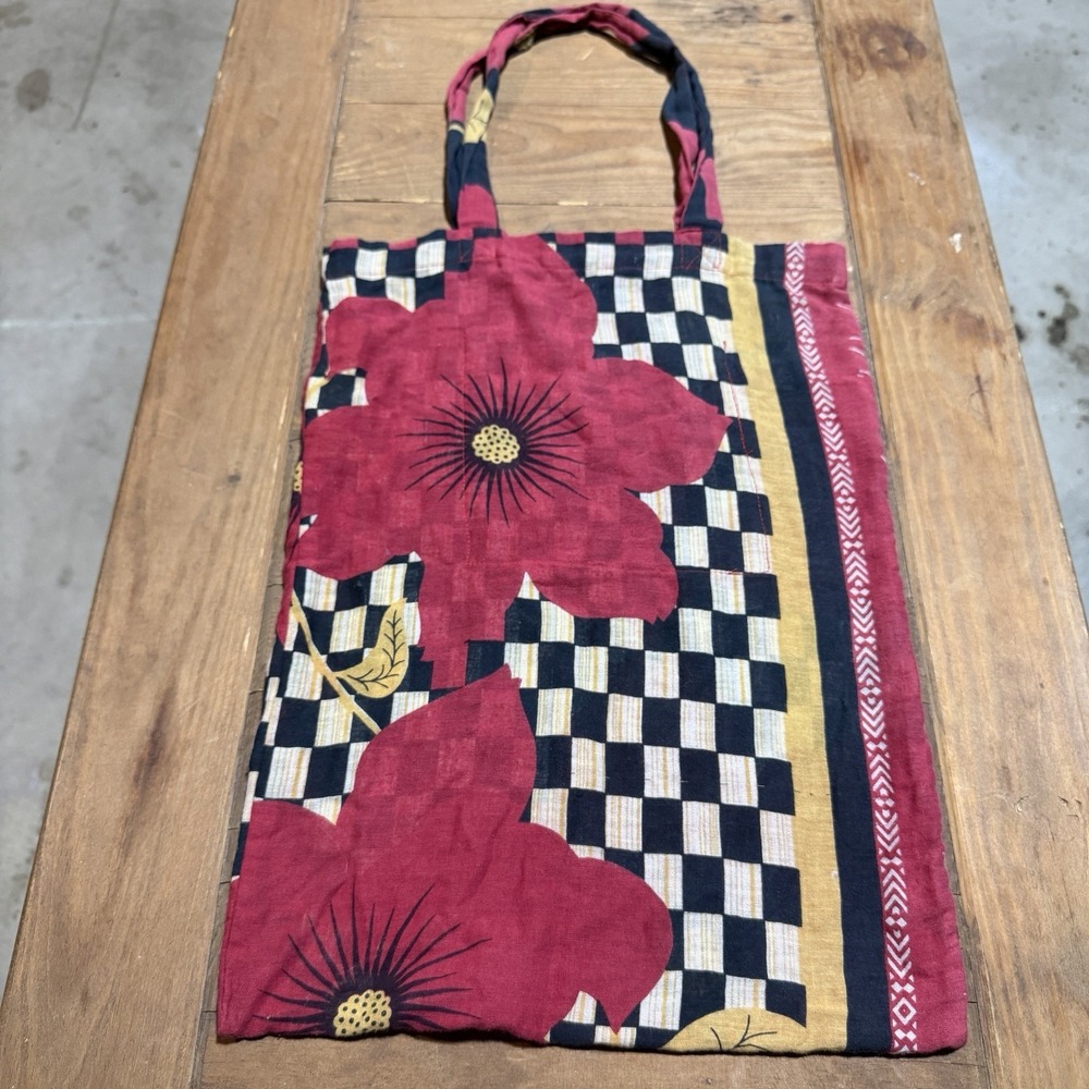 Sasha The Art Of Giving Cotton Tote Bag Checkerboard Floral Red Yellow Indie